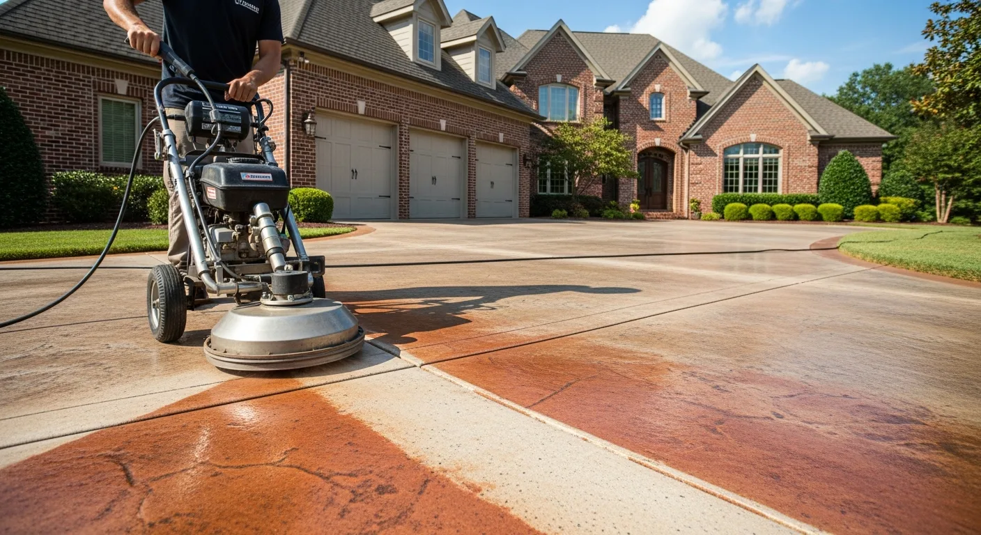 OCB Pressure Washing technician using a surface cleaner to lift red clay staining from a stamped concrete driveway at an Alpharetta, GA estate home