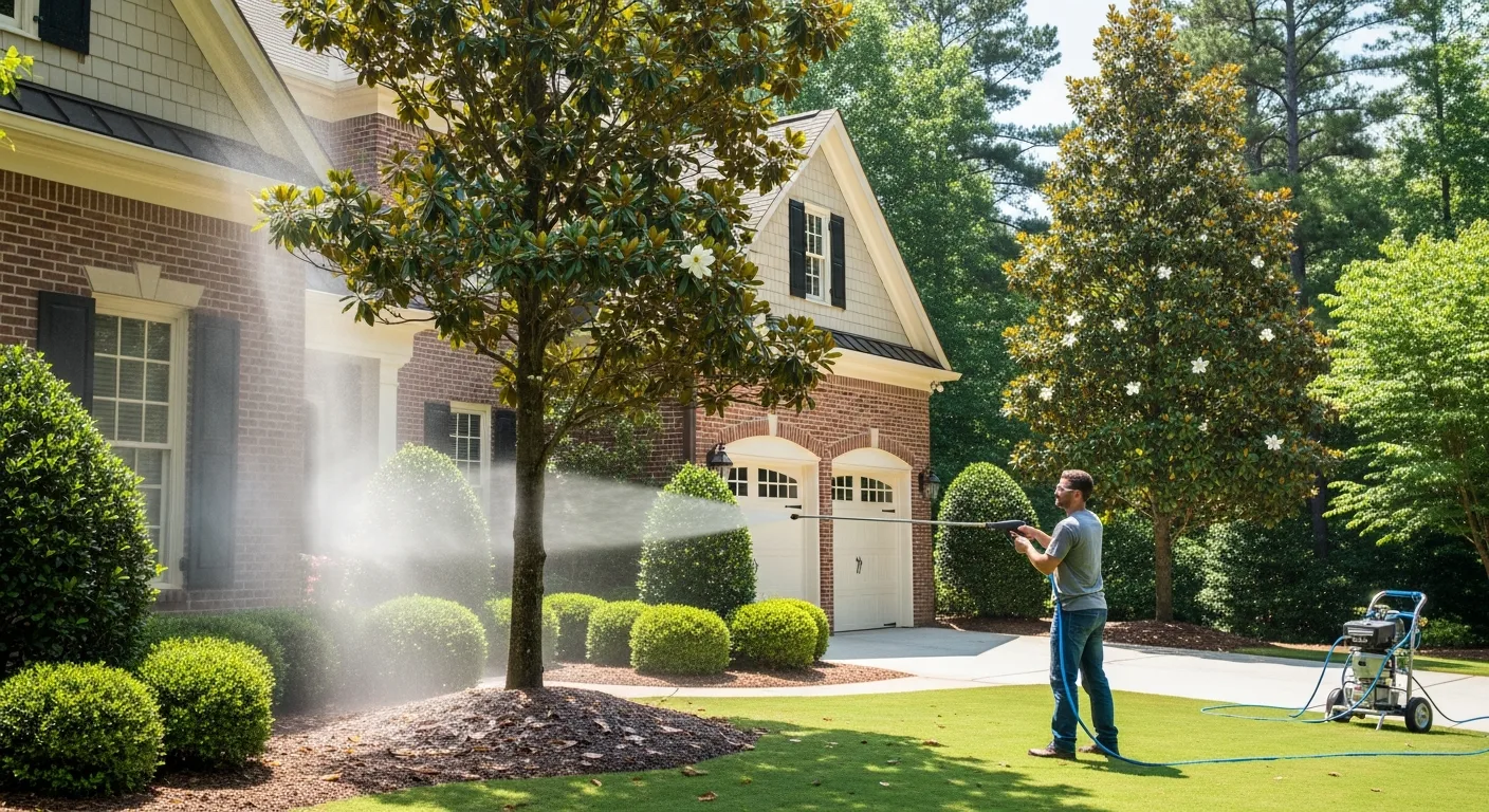 OCB Pressure Washing technician softwashing the brick and siding exterior of an upscale estate home in Alpharetta, GA