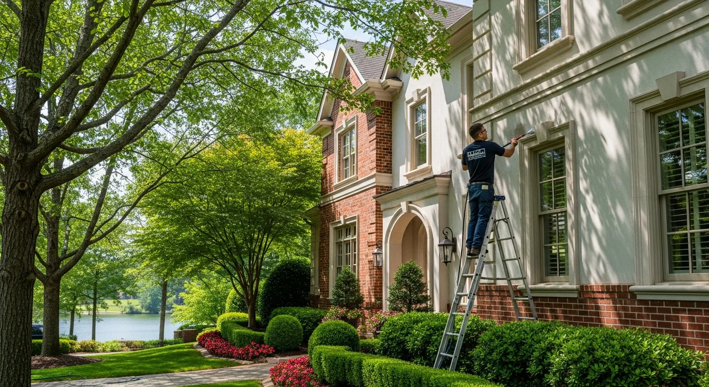 OCB Pressure Washing technician soft-washing the brick and stucco facade of a Windward estate home in Alpharetta, GA