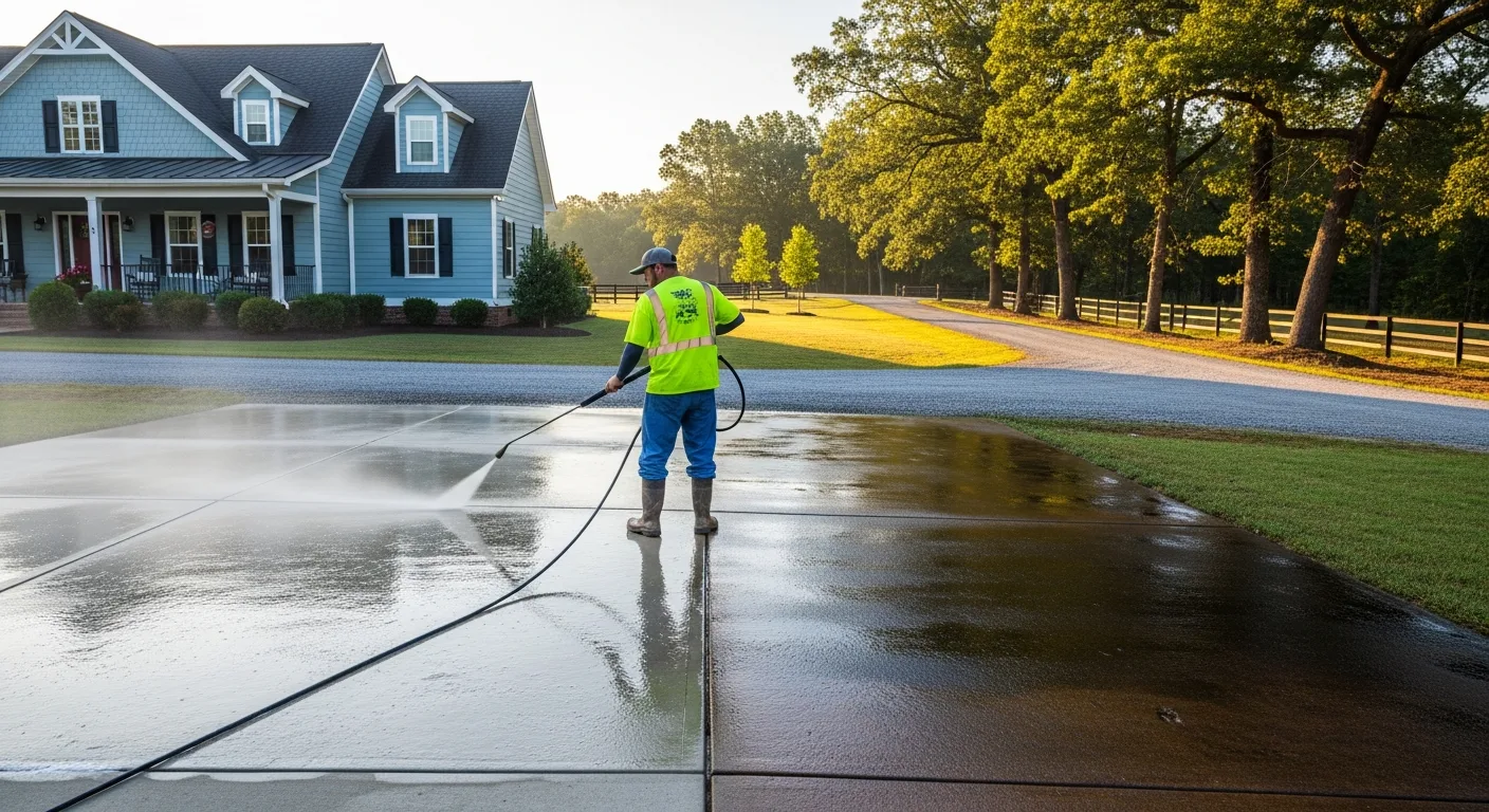 OCB Pressure Washing technician removing oil stains and algae from a residential concrete driveway in Ball Ground, GA