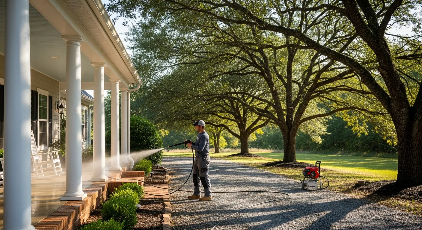 OCB Pressure Washing technician cleaning the front porch and white columns of a country home in Ball Ground, GA