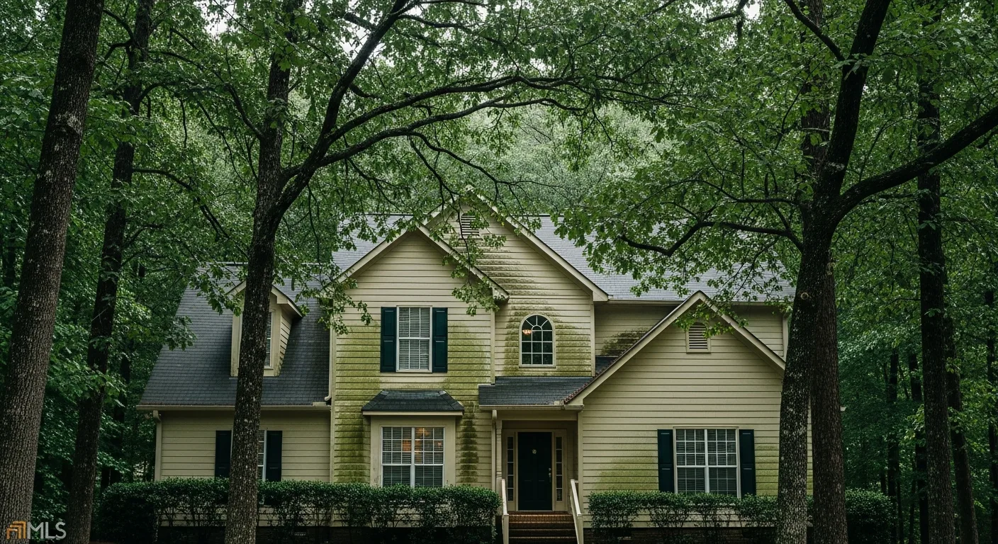 Two-story Ball Ground GA home shaded by mature oak canopy with green algae and mildew growth on the north-facing siding