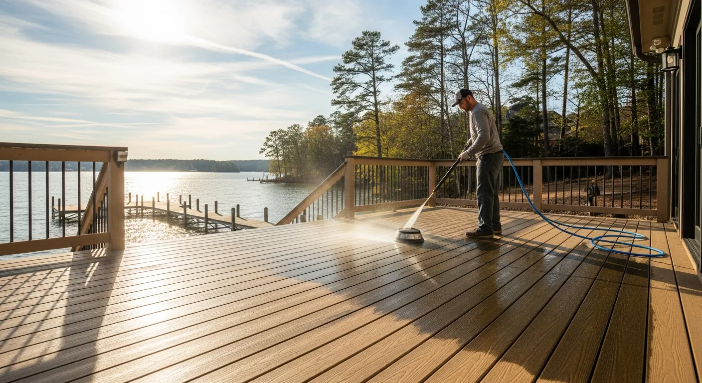 OCB Pressure Washing technician soft-washing a composite deck at a lakefront home overlooking Lake Lanier in Buford, GA