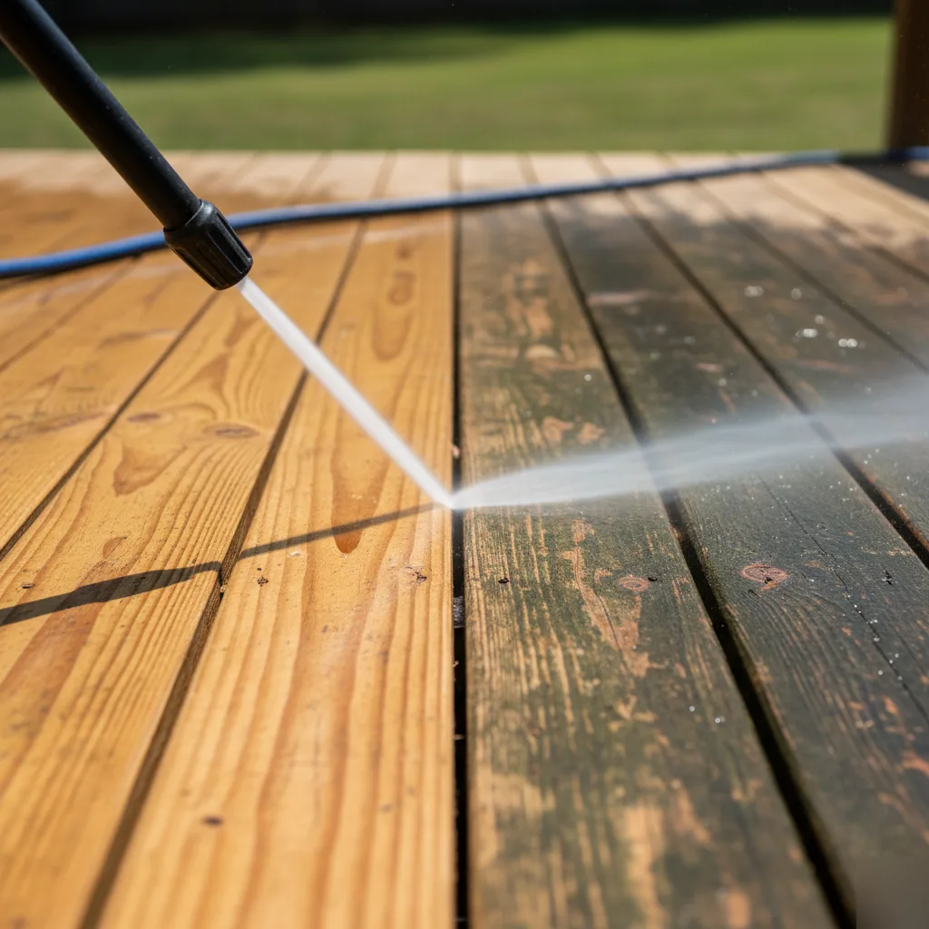 Before and after close-up of wood deck boards being pressure washed near Lake Lanier in Gainesville, GA