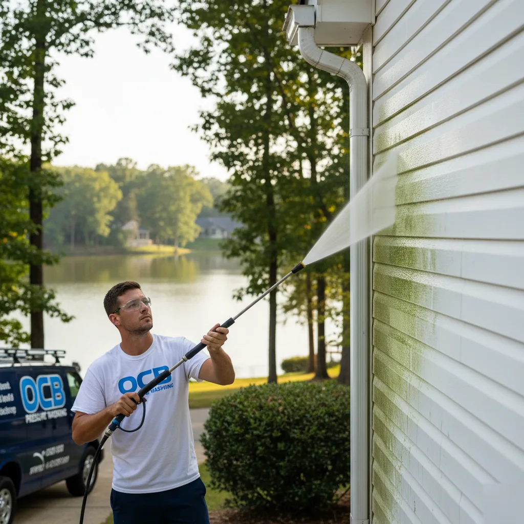 OCB Pressure Washing technician soft washing algae-covered siding at lakeside home near Lake Lanier in Gainesville, GA