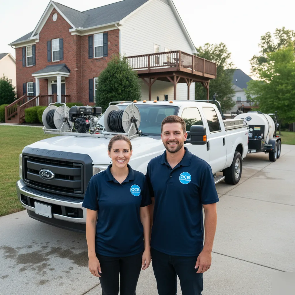 OCB Pressure Washing owners standing in front of service truck and trailer at residential home in Gainesville, GA