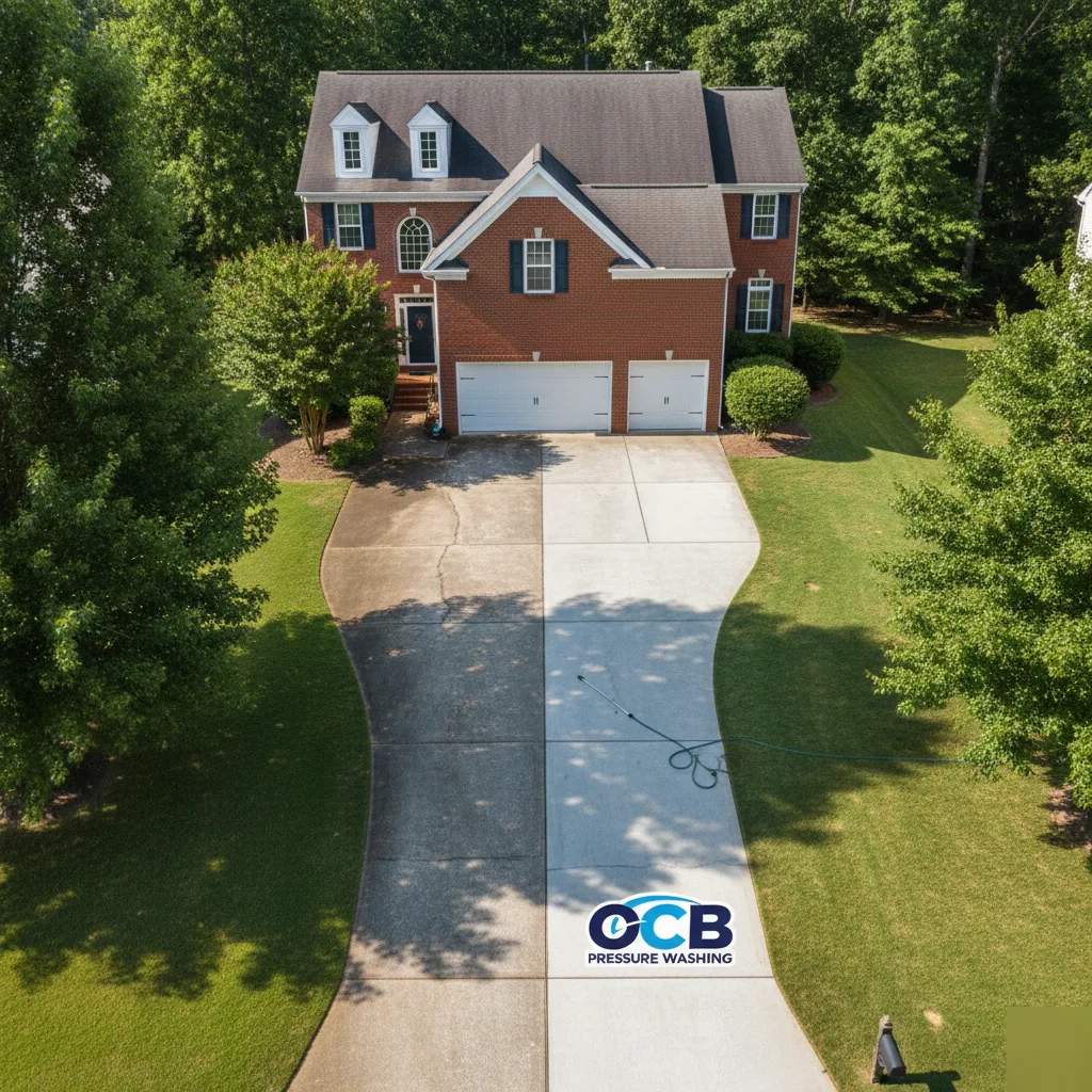 Overhead drone view of driveway before and after pressure washing at brick home in Roswell, GA neighborhood