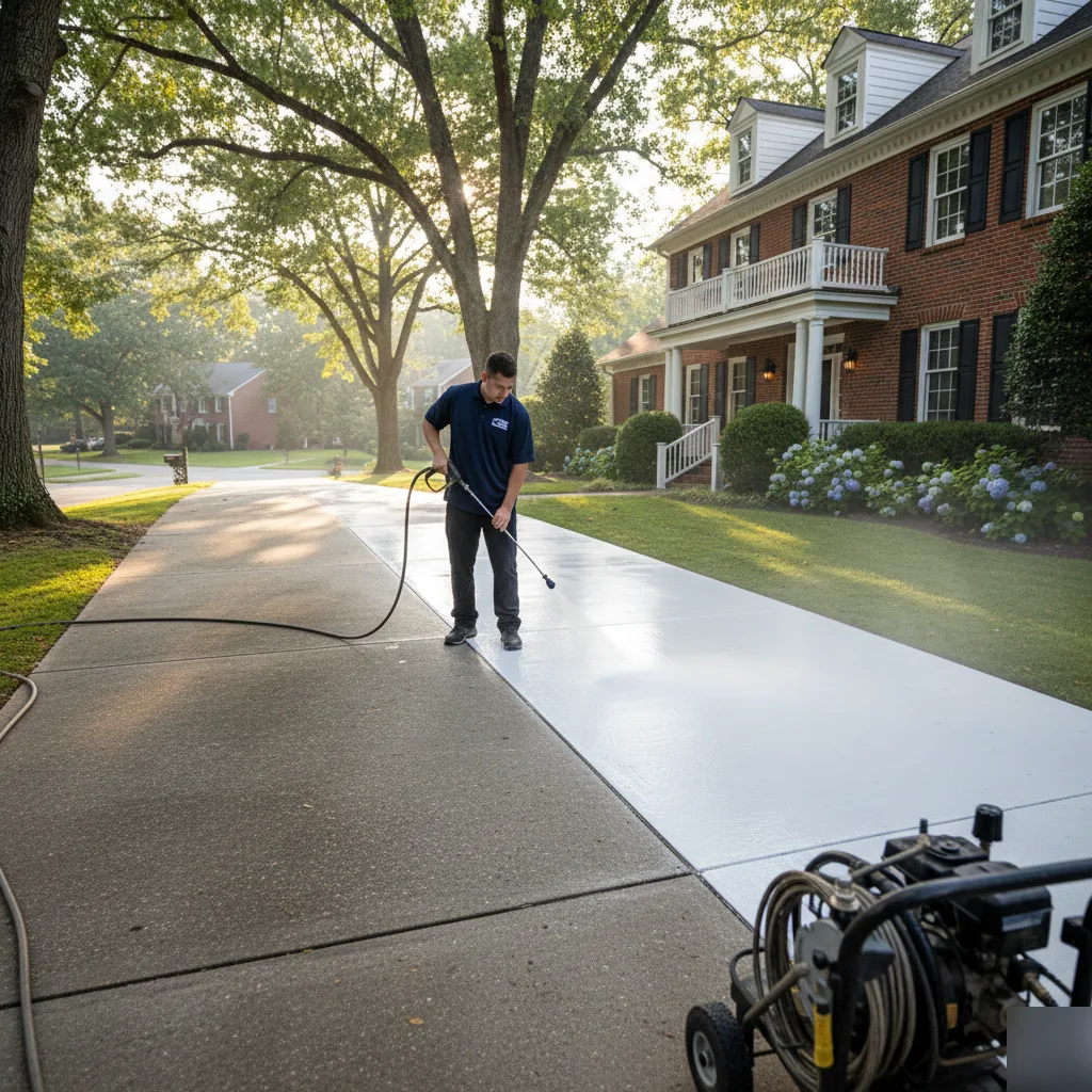 OCB Pressure Washing technician cleaning driveway at historic brick colonial home in Roswell, GA