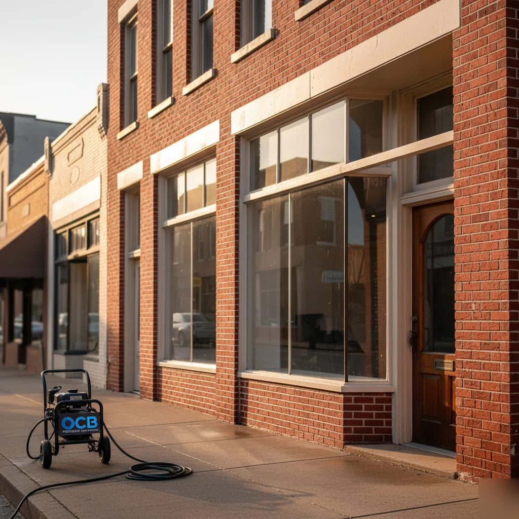 OCB Pressure Washing equipment on sidewalk in front of historic red brick storefront on Canton Street in Roswell, GA