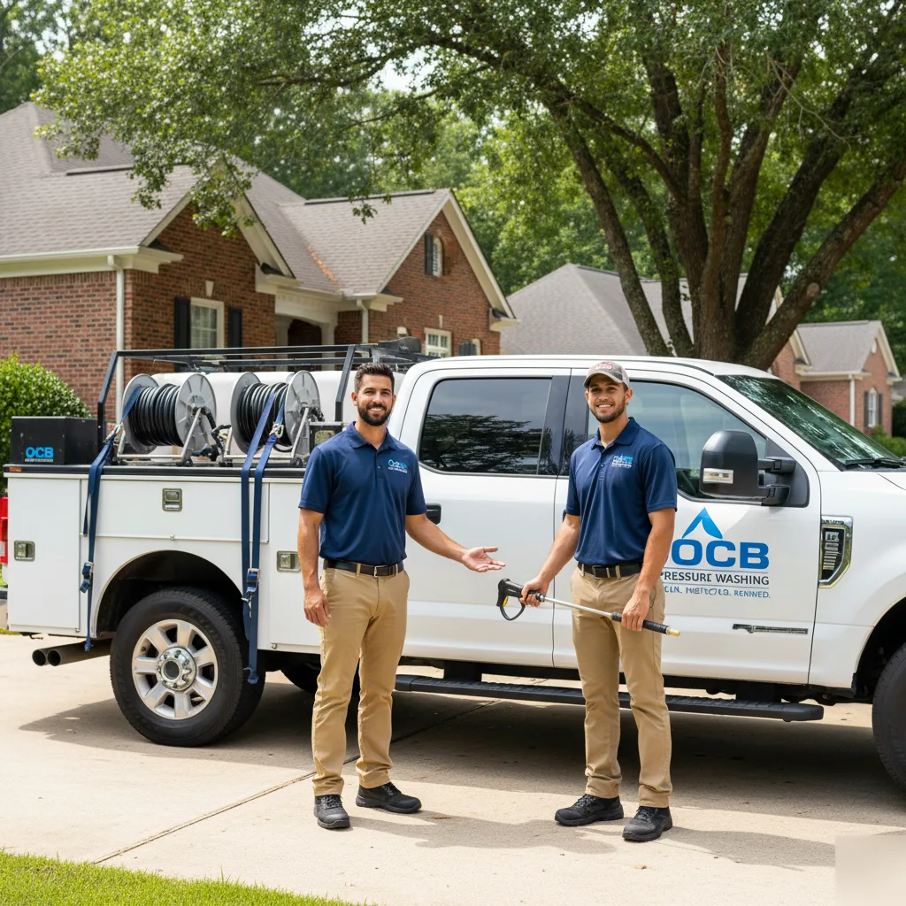 OCB Pressure Washing two-man crew standing in front of branded white service truck in Roswell, GA neighborhood