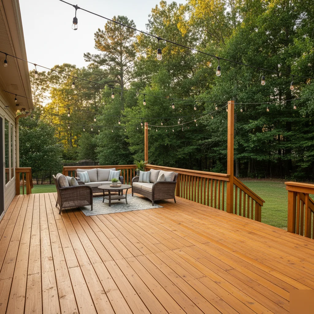 Finished and stained deck on a Milton GA estate property with string lights