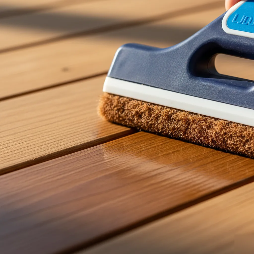 Close-up of professional wood stain application on deck boards in Milton GA