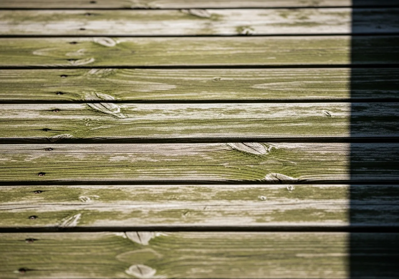 Algae on weathered wood deck boards in Cumming GA