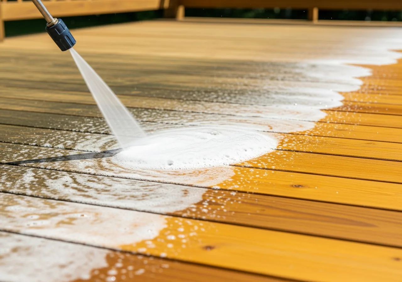 Soft wash cleaning on wood deck in Cumming GA