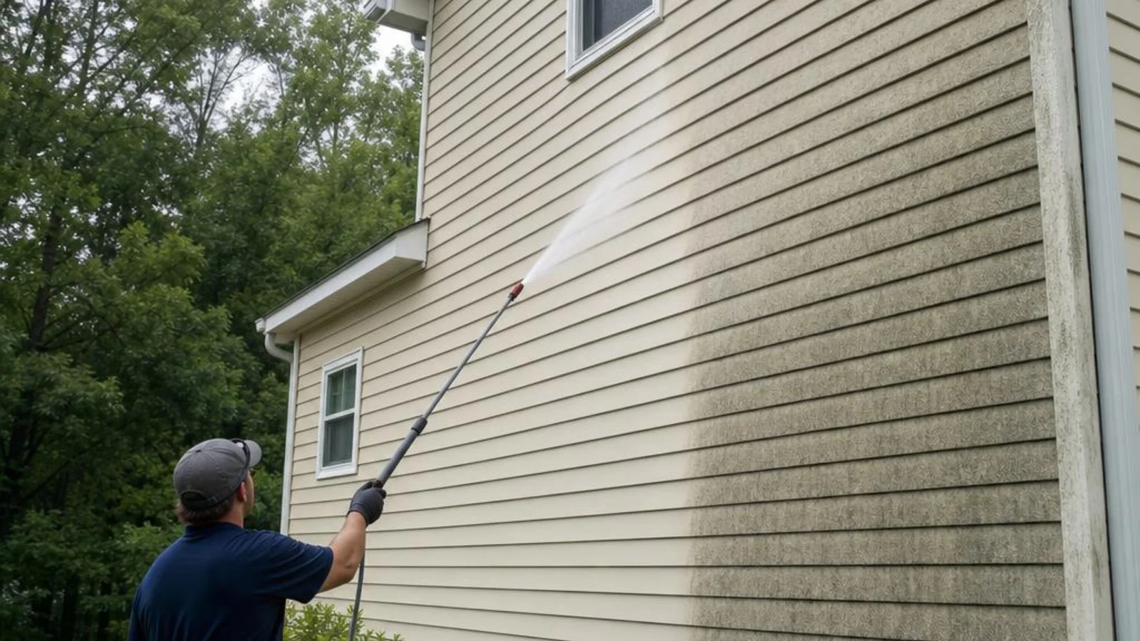 Soft washing vinyl siding on a two story home in Cumming GA