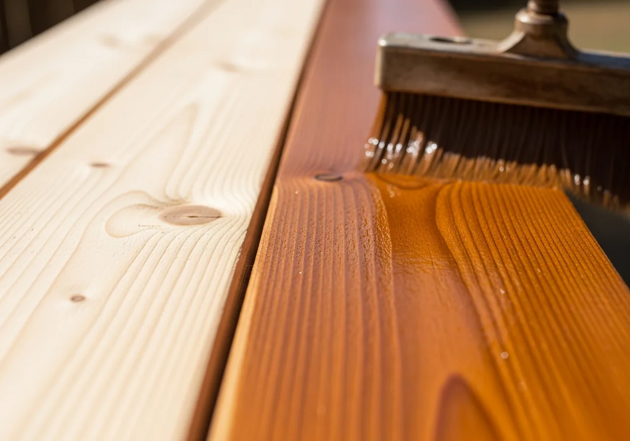 Applying brown stain to cedar fence in Cumming GA