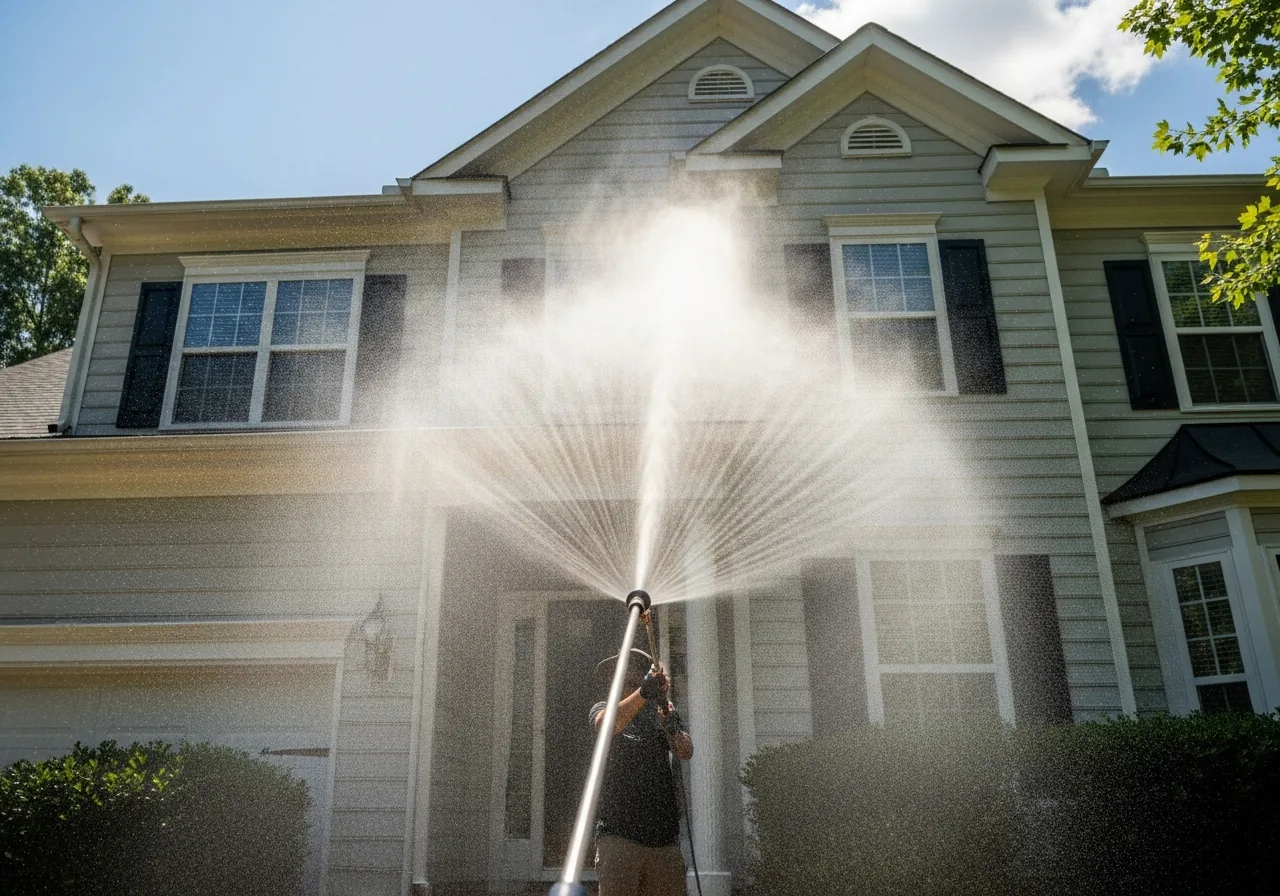 Soft wash on second story of Cumming GA home