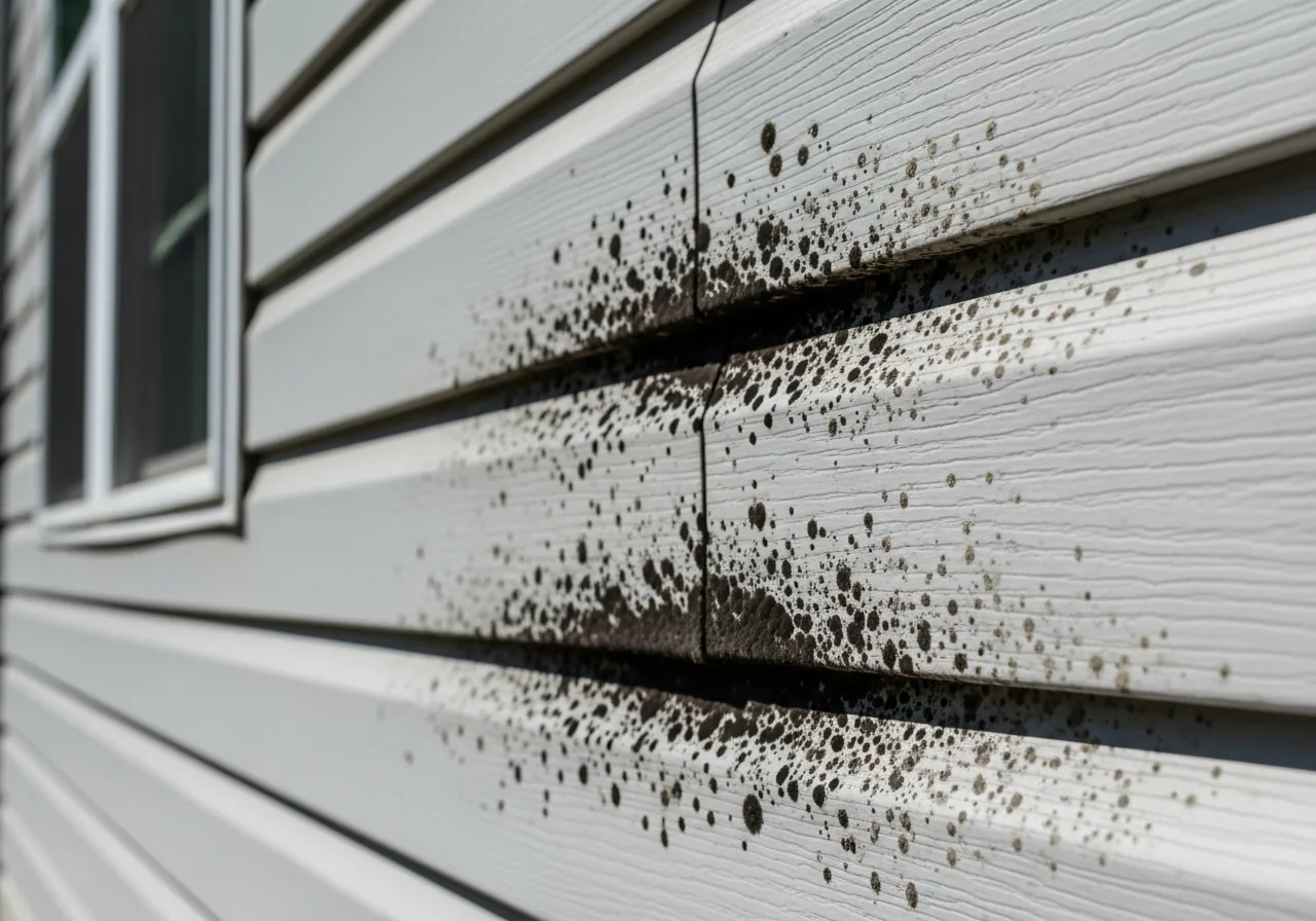 Black mold colonies on vinyl siding seams in Cumming GA