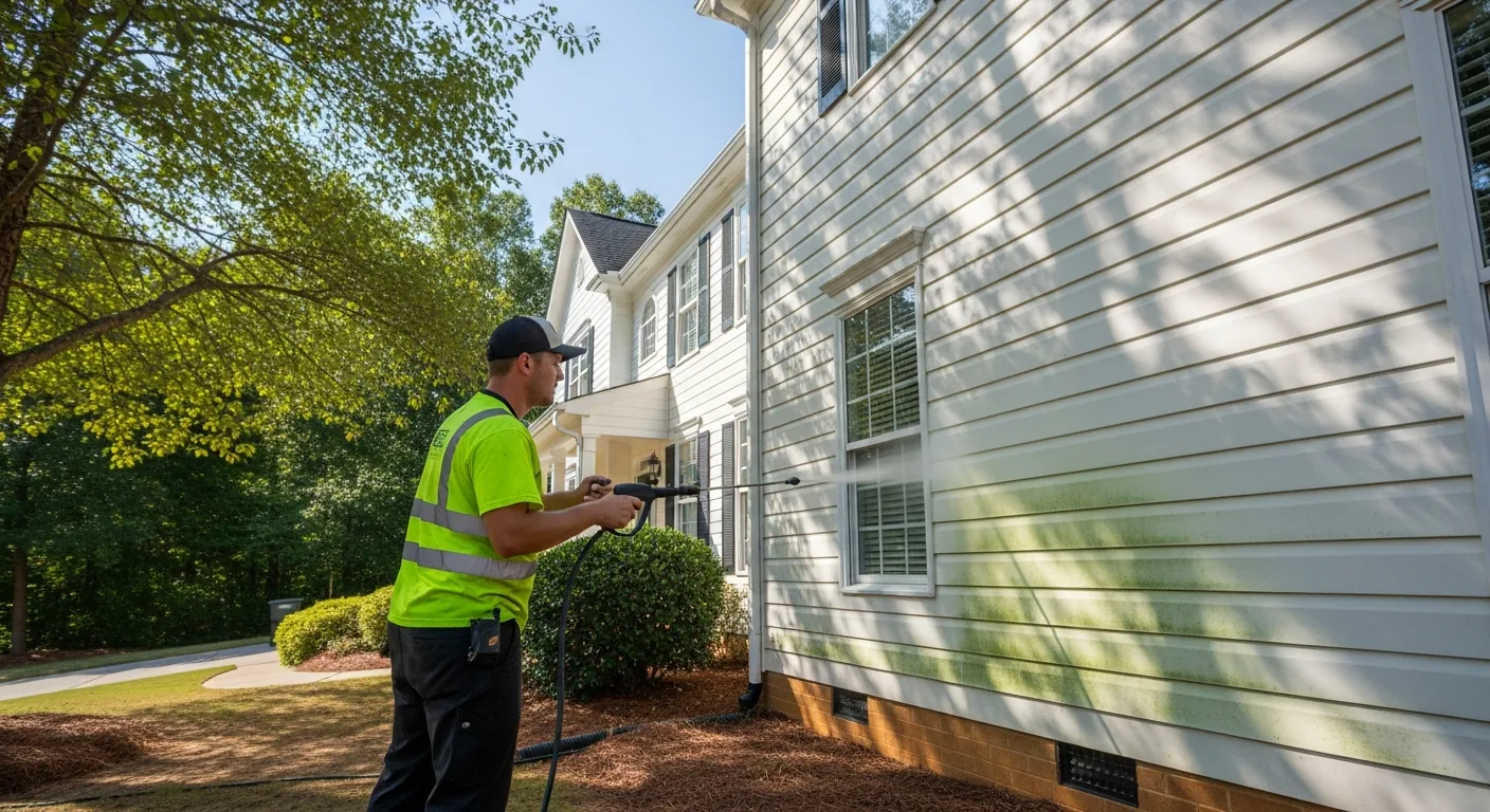 Technician applying mildewcide to siding in Cumming GA