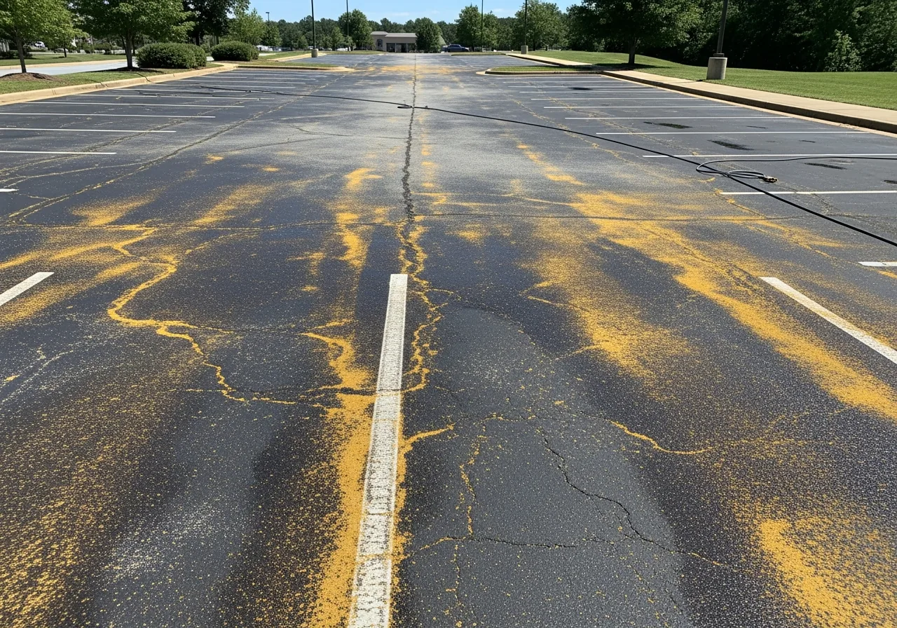 Dirty commercial parking lot before cleaning in Cumming GA