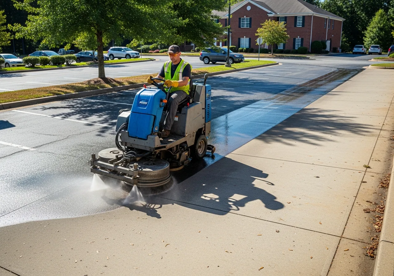 Ride-on surface cleaner on parking lot in Cumming GA