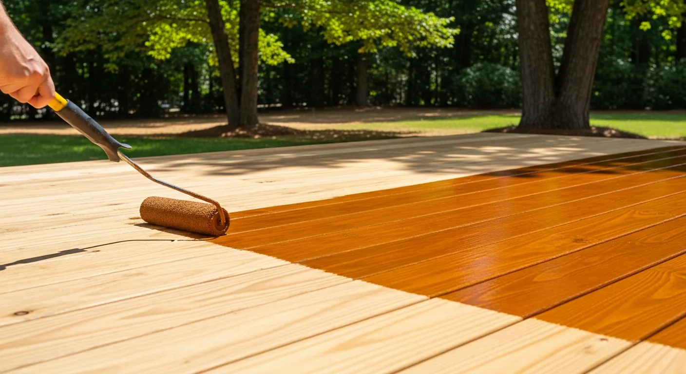 Applying brown stain to patio in Cumming GA