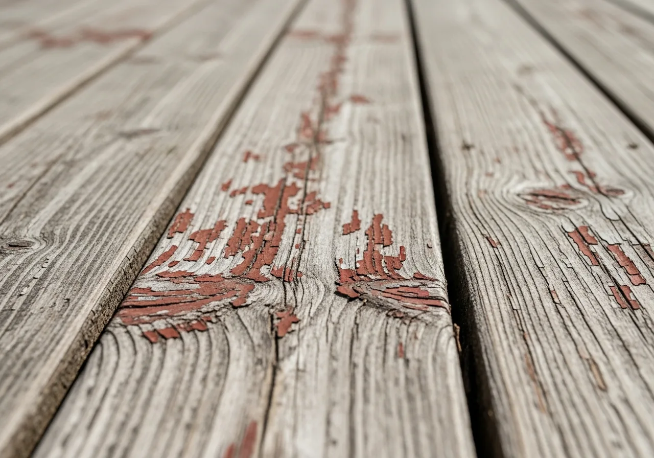 Weathered gray patio boards needing staining in Cumming GA