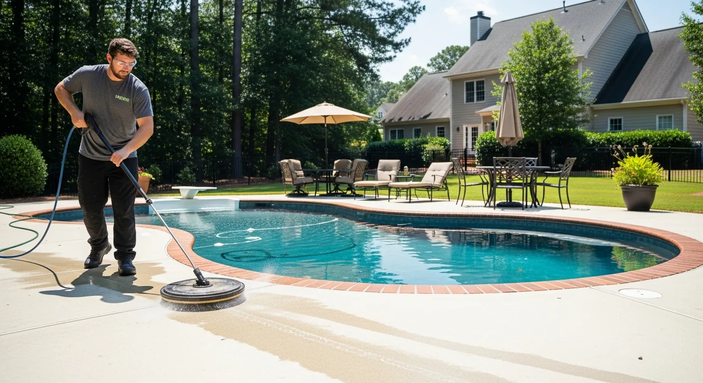 Pool deck cleaning with surface cleaner in Cumming GA
