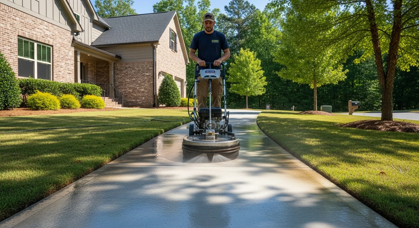 Technician operating surface cleaner on sidewalk in Cumming GA