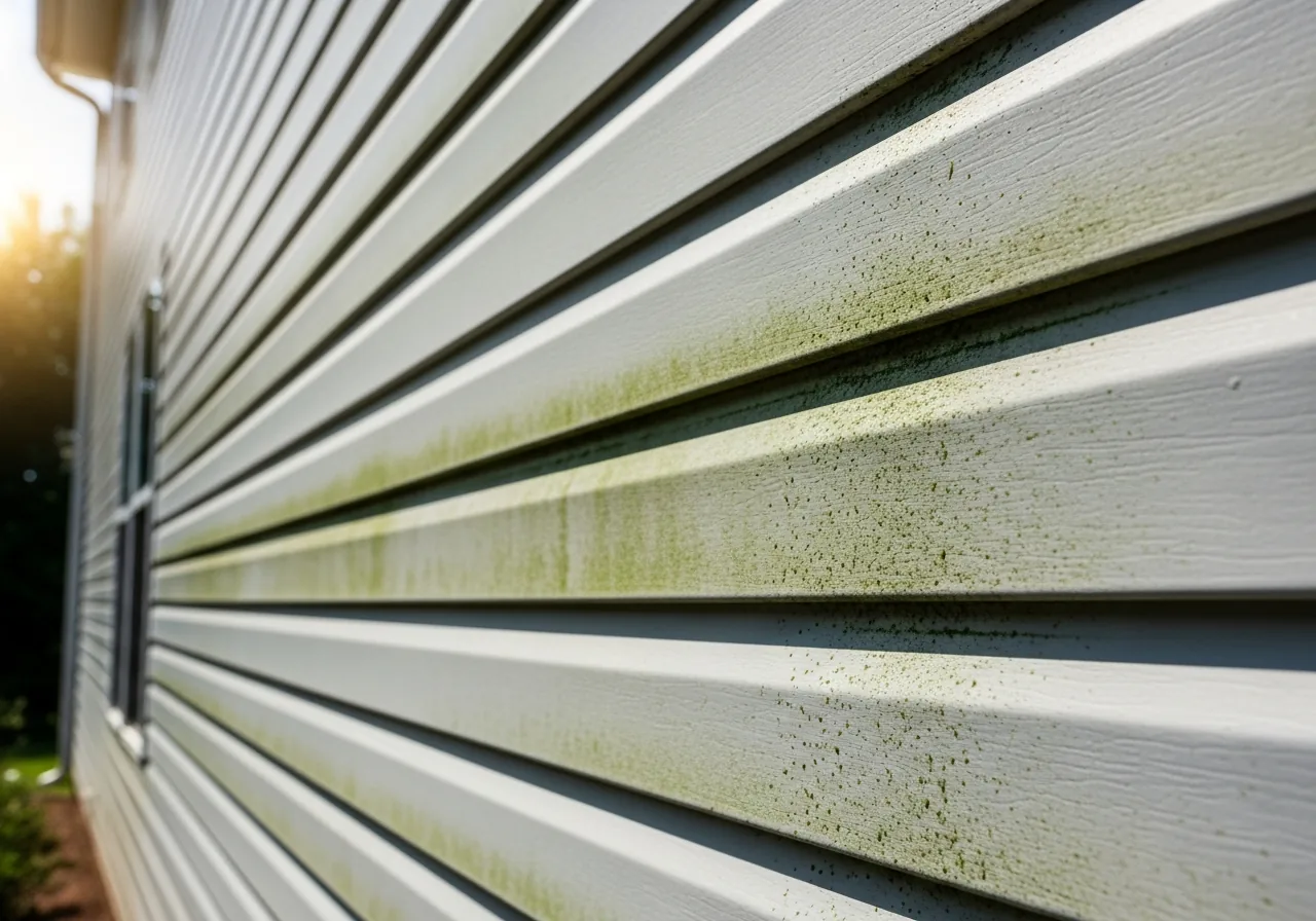 Vinyl siding covered in green algae before cleaning in Cumming GA