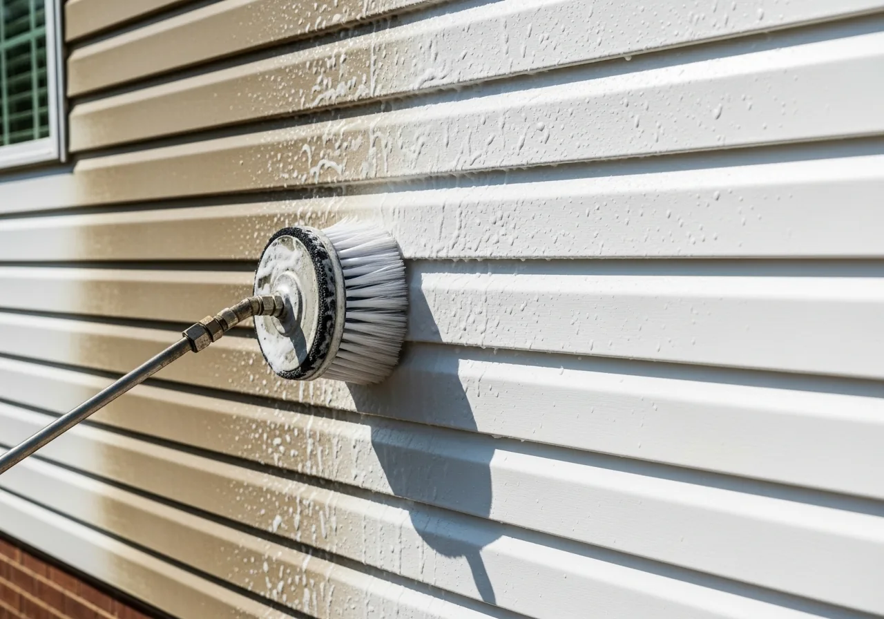 Soft brush cleaning vinyl siding panels in Cumming GA