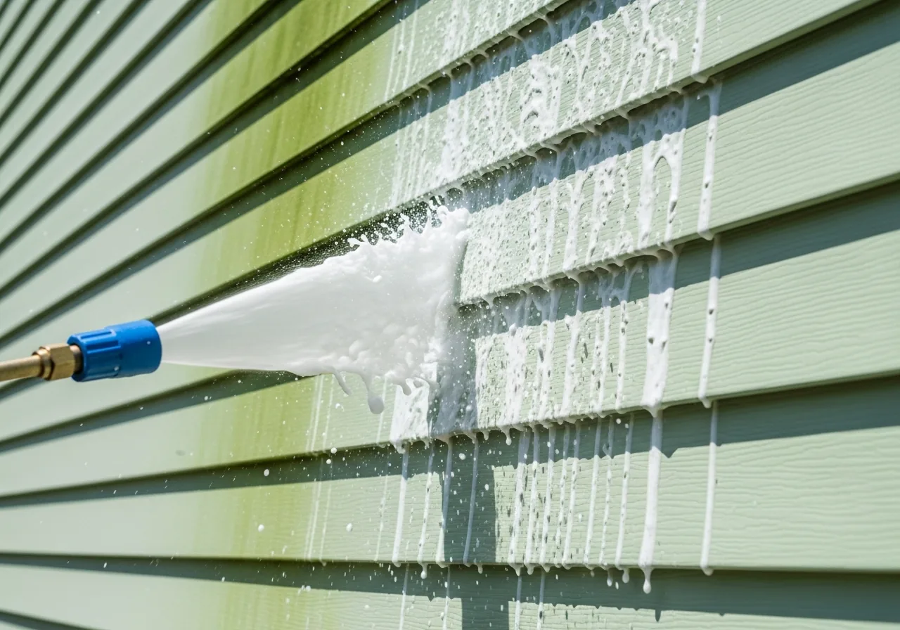 Low-pressure soft wash spray on algae-streaked vinyl siding in Cumming GA