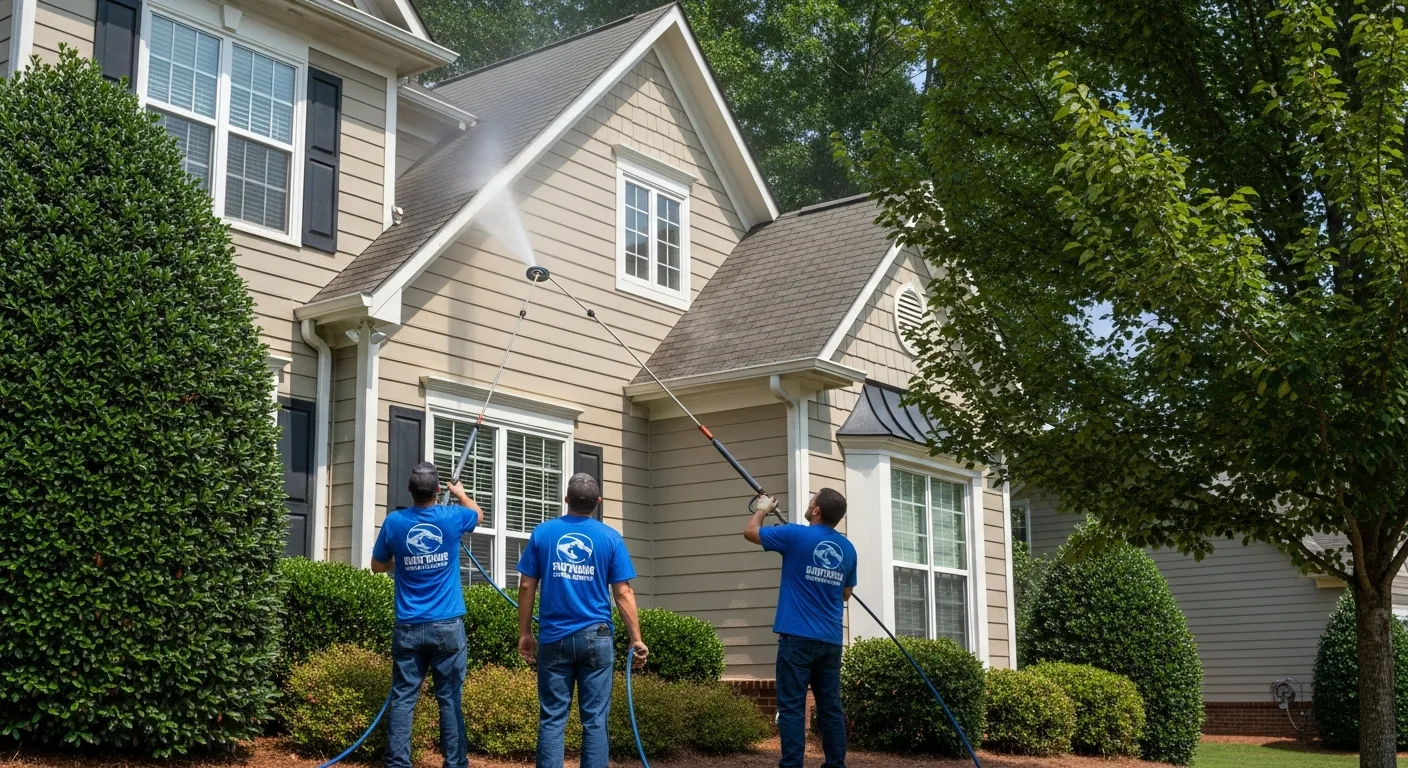 Soft wash crew rinsing two-story home siding in Cumming GA