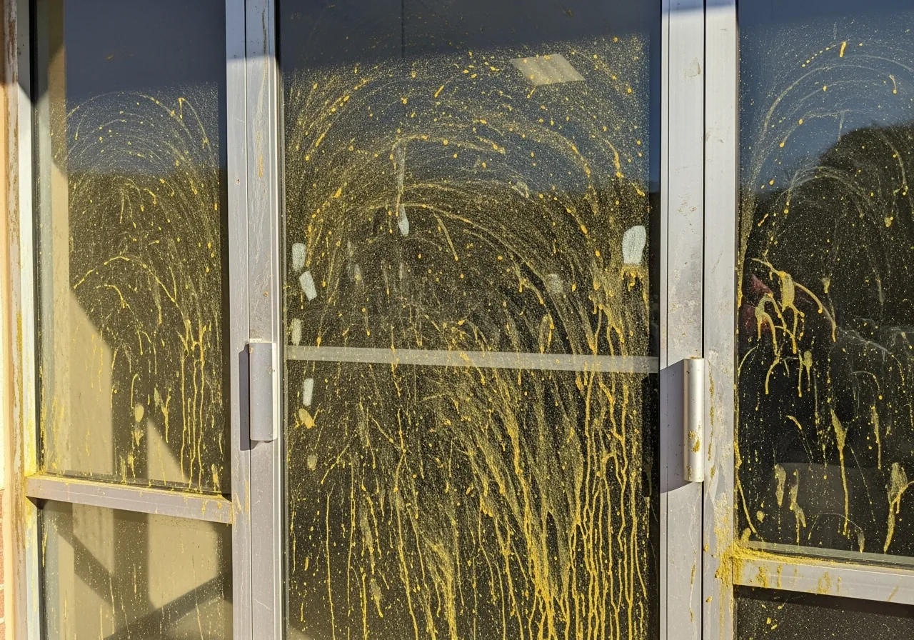Dirty storefront glass and entry before cleaning in Cumming GA